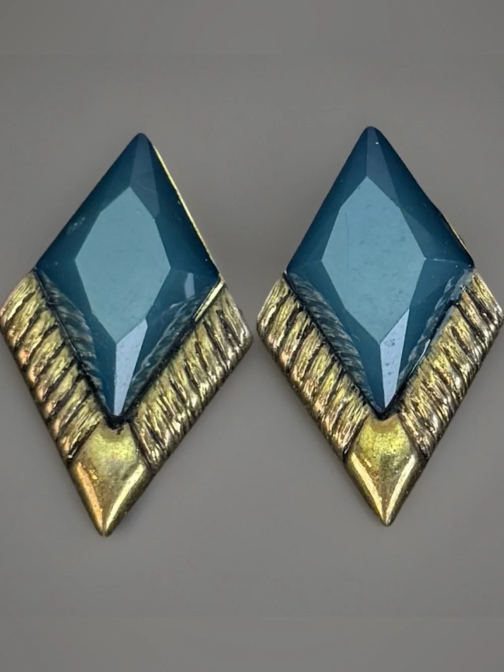 Vintage Teal Blue Aged Goldtone Geometric Pierced Earrings